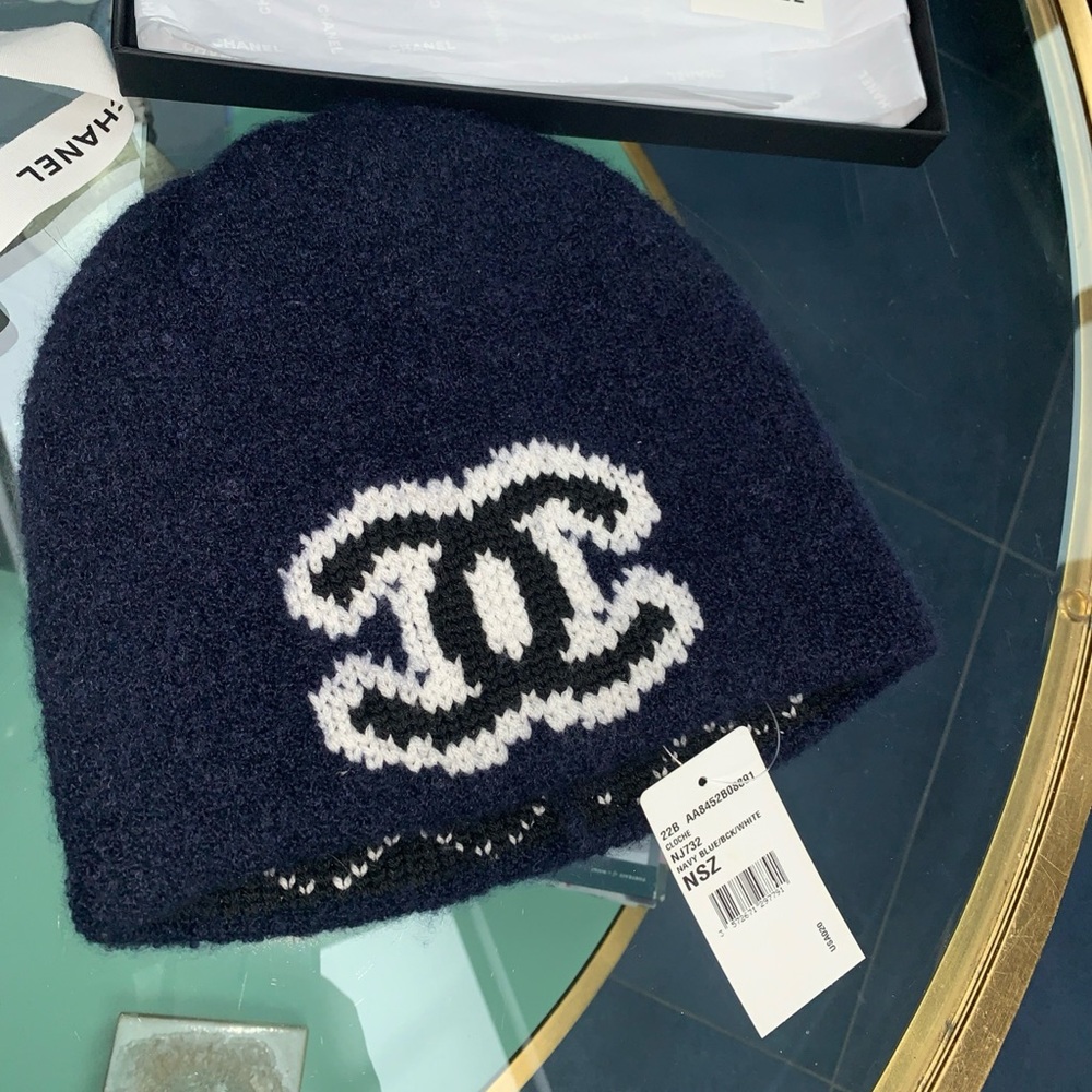 New Chanel 22B Blue, Black, White CC Logo Quilted Beanie  Hat